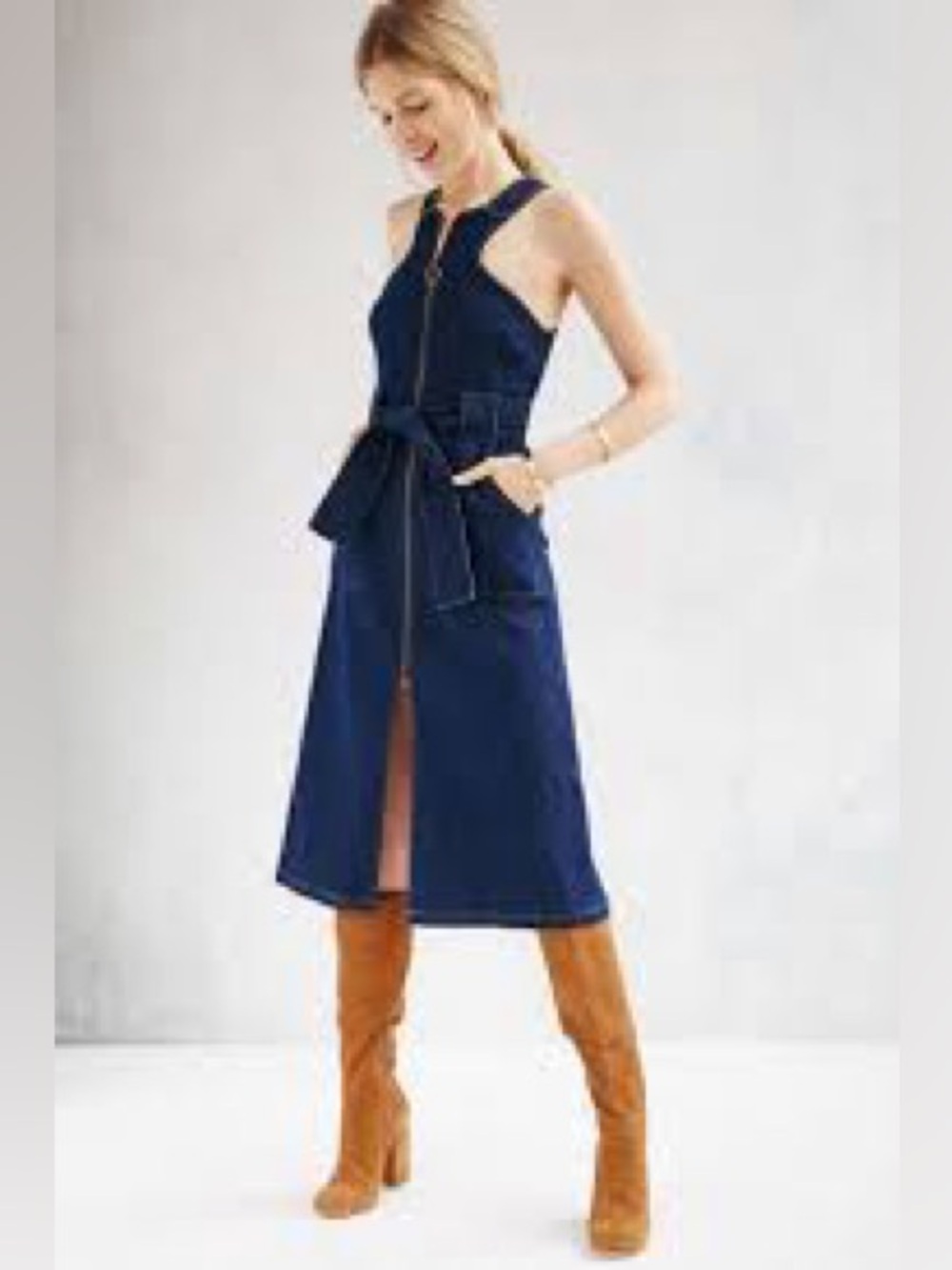 ècru lab Dark Blue Denim Dress with Front Zip A Line Dress with Pockets Small